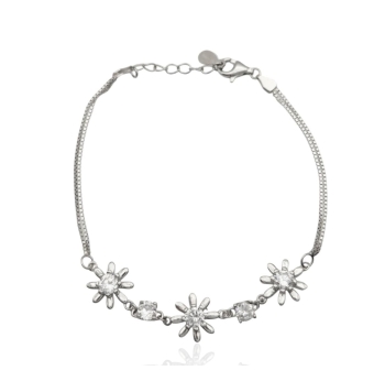 PULSERA PLACARI MUJER PLATA DE LEY 925 DOBLE CADENA DOBLE VENECIANA CON TRES MARGARITAS Y DOS CIRCONITAS BLANCAS LARGO AJUSTABLE