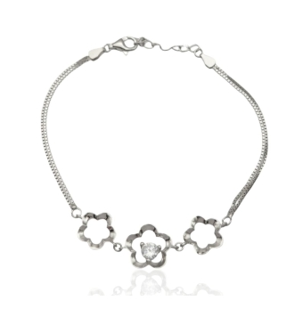 PULSERA PLACARI MUJER PLATA DE LEY 925 TRES MOTIVOS SILUETA FLOR CIRCONITA BLANCA CON CADENA VENECIANA DOBLE LARGO AJUSTABLE 17-