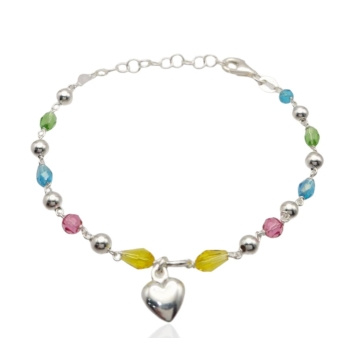PULSERA PLACARI MUJER PLATA DE LEY 925 BOLITAS Y PIEDRAS FACETADAS MULTICOLOR COLGANTE CORAZÓN LARGO AJUSTABLE 16-19 CENTÍMETROS