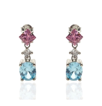 PENDIENTES LARGOS PLACARI MUJER PLATA DE LEY 925 32 MILÍMETROS CIRCONITA OVALADA Y FORMA LAGRÍMA FUCSIA Y VERDE DEGRADADO CIERRE