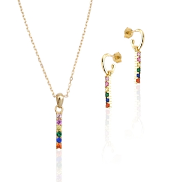 JUEGO PLACARI MUJER PLATA DE LEY 925 CHAPADO DORADO PENDIENTES ARO ABIERTO BARRA Y COLGANTE BARRA CIRCONITAS MULTICOLOR LARGO AJ