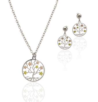 JUEGO PLACARI MUJER PLATA DE LEY 925 PENDIENTES CORTOS 23 MILÍMETROS Y GARGANTILLA COLGANTE ÁRBOL DE LA VIDA FLORES ESMALTADAS R