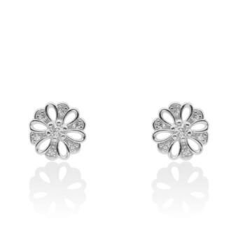 PENDIENTES FLOR ATLÁNTIDA MUJER PLATA DE LEY 925 8.5 MILÍMETROS CALADO Y CIRCONITAS BLANCAS CON PIEDRA BLANCA EN EL CENTRO CIERR