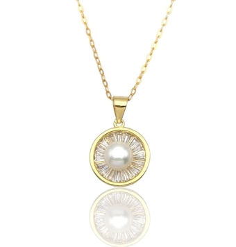 COLLAR MUJER PLATA DE LEY 925 CHAPADO DORADO ESLABÓN FORZADO 42 CENTÍMETROS CON COLGANTE PERLA CON CIRCULO Y PIEDRAS BLANCAS ENG