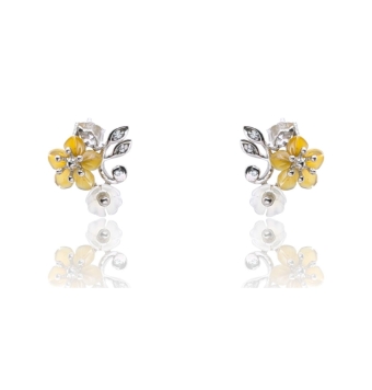 PENDIENTES MUJER PLATA DE LEY 925 RODIADO DOBLE FLOR EN NACAR Y PETALOS CON CIRCONITAS BLANCAS ENGASTADAS 17X15 MILÍMETROS CIERR