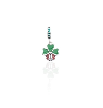 ABALORIO CHARM PLATA DE LEY 925 TREBOL CON MARIQUITA CON ESMALTE VERDE Y ROJO