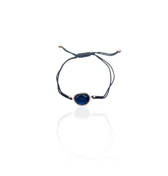 PULSERA MUJER PLATA DE LEY CHAPADO DORADO CON CRISTAL DE SWAROVSKI AZUL CON CIRCONITAS BLANCAS ALREDEDOR. PULSERA DE MACRAMÉ NEG