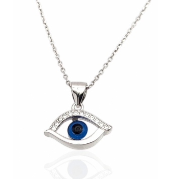 COLLAR MUJER PLATA DE LEY 925 RODIADO OJO TURCO MITAD CIRCONITAS BLANCAS 17X12 MILÍMETROS CADENA FORZADA 1 MILÍMETRO LARGO AJUST