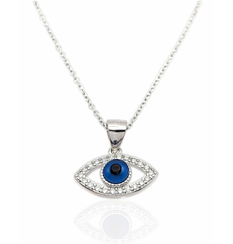 COLLAR MUJER PLATA DE LEY 925 RODIADO OJO TURCO CIRCONITAS BLANCAS 14X10 MILÍMETROS CADENA FORZADA 1 MILÍMETRO LARGO AJUSTABLE 3