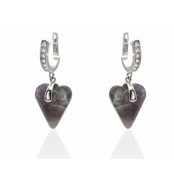 PENDIENTES SEMI ARO MUJER PLATA DE LEY 925 PIEDRAS NATURALES VIOLETAS EN FORMA DE CORAZÓN 16X14 MILÍMETROS CIERRE CATALÁN CIRCON