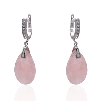 PENDIENTES SEMI ARO MUJER PLATA DE LEY 925 PIEDRAS NATURALES FORMA GOTA ROSA 21X13 MILÍMETROS CIERRE CATALÁN CIRCONITAS BLANCAS