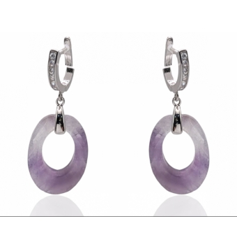 PENDIENTES SEMI ARO MUJER PLATA DE LEY 925 PIEDRAS NATURALES ÓVALOS LILAS Y BLANCOS 23X17 MILÍMETROS CIERRE CATALÁN CIRCONITAS B
