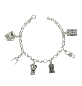 PULSERA PLATA DE LEY 925 CON 6 COLGANTES MOTIVO MAESTRA/PROFE LARGO AJUSTABLE 20 CENTÍMETROS