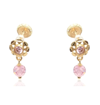 PENDIENTES ARQUILLO NIÑA BOLA CRISTAL ROSA CIERRE TORNILLO ORO AMARILLO 18 KILATES
