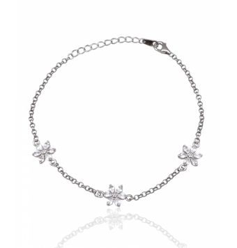 PULSERA PLATA DE LEY 925 MUJER ROLO CON TRES FLORES Y CIRCONITAS BLANCAS 8 MILÍMETROS LARGO 17-20 CENTÍMETROS AJUSTABLE