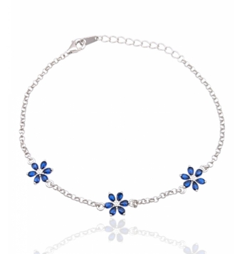 PULSERA PLATA DE LEY 925 MUJER ROLO CON TRES FLORES Y CIRCONITAS AZUL 8 MILÍMETROS LARGO 17-20 CENTÍMETROS AJUSTABLE