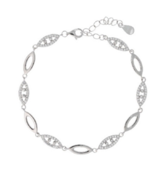 PULSERA MUJER PLATA DE LEY BAÑO DE RODIO ESLABONES OVALADOS ENTRELAZADOS CON CIRCONITAS Y PIEDRAS BLANCAS 10X5 MILÍMETROS LARGO