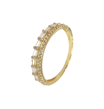 ANILLO ORO AMARILLO 18 KILATES ESTILO DOBLE CON CIRCONITAS BAGUETTE Y CIRCONITAS REDONDAS BLANCAS