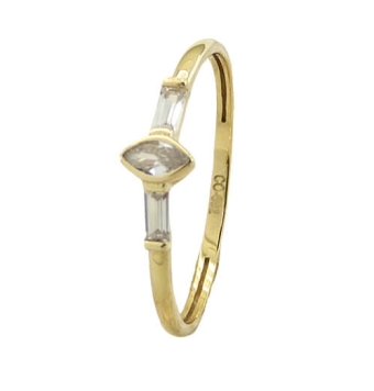 ANILLO MUJER ORO AMARILLO 18 KILATES ESTILO SOLITARIO CON CIRCONITA CENTRAL FORMA MARQUESA Y LATERALAS FORMA BAGUETTE
