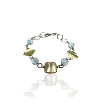 PULSERA PLATA DE LEY 925 PIEDRAS AZULES ROMBOS DORADOS Y CUADRADO DORADO 19 CENTÍMETROS DE LARGO