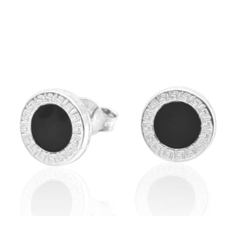 PENDIENTES REDONDOS PLATA DE LEY 925 PIEDRA NEGRA CERCO GRECA 9 MILÍMETROS CIERRE PRESIÓN