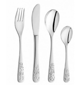 CUBIERTOS ACERO INOXIDABLE 4 CUBIERTOS TENEDOR CUCHILLO Y DOBLE CUCHARA CON GRABADOS DE LEÓN MONO ELEFANTE Y PERRO