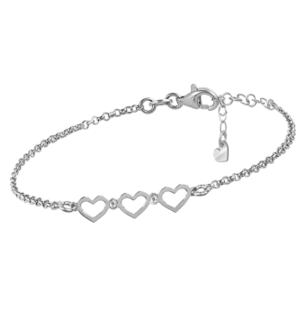 PULSERA MUJER PLATA DE LEY 925 TRIPLE CORAZÓN CON DOS CIRCONITAS BLANCAS 10X30 MILÍMETROS ESLABÓN ROLO LARGO 16+3 CENTÍMETROS