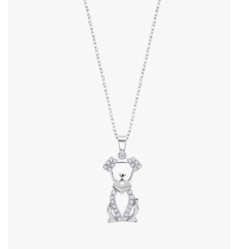 COLLAR LOTUS MUJER PLATA DE LEY 925 PERRO CON CIRCONITAS BLANCAS 21X11 MILÍMETROS ESLABÓN FORZADO LARGO 42+3 CENTÍMETROS