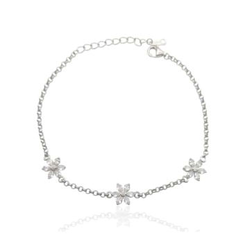 PULSERA MUJER PLATA DE LEY 925 ROLÓ TRES FLORES 7 MILÍMETROS PIEDRAS BLANCAS Y CIRCONITA BLANCA LARGO AJUSTABLE 17-20 CENTÍMETRO
