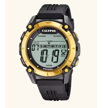 RELOJ CALYPSO DIGITAL CORREA CAUCHO NEGRO CAJA RESINA BISEL DORADO 50 MILÍMETROS