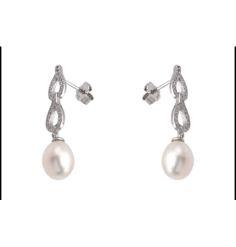 PENDIENTES LARGOS PLACARI MUJER PLATA DE LEY 925 RODIADO DOBLE ESLABÓN FORMA DE GOTA CON CIRCONITAS BLANCAS Y PERLA LARGO 30 MIL