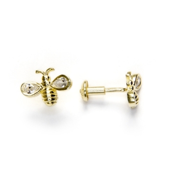 PENDIENTES ABEJA PLATA DE LEY 925 CHAPADO DORADO 7X9 MILÍMETROS CIRCONITAS BLANCAS CIERRE ROSCA