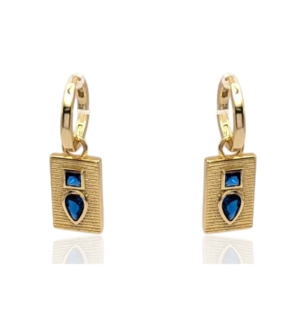 PENDIENTES ARO PLACARI MUJER PLATA DE LEY 925 CHAPADO DORADO COLGANTE RECTANGULO CON 2 PIEDRAS AZULES EN FORMA DE LAGRIMA Y CUAD