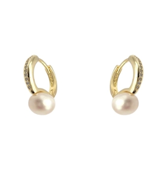 PENDIENTES PLACARI MUJER PLATA DE LEY 925 CHAPADO DORADO ARO 2X15 MILÍMETROS CIRCONITAS BLANCAS CON PERLA BLANCA CIERRE HUGGY