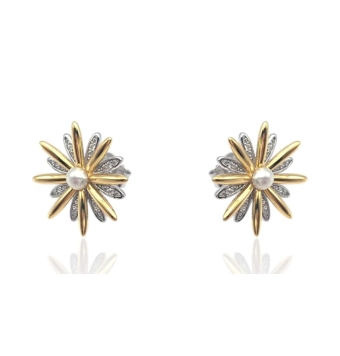 PENDIENTES LINEARGENT MUJER PLATA DE LEY 925 CON BAÑO DE ORO DISEÑO FLORAL 18X18 MILÍMETROS CIRCONITAS BLANCAS Y PERLA BLANCA CI