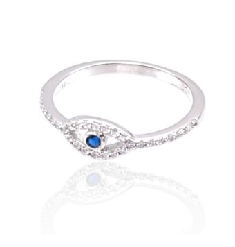 ANILLO MUJER PLATA DE LEY 925 OJO TURCO 5X9 MILÍMETROS 1 CIRCONITA AZUL Y CIRCONITAS BLANCAS EN OJO Y BRAZO ANCHO 1.2 MILÍMETROS