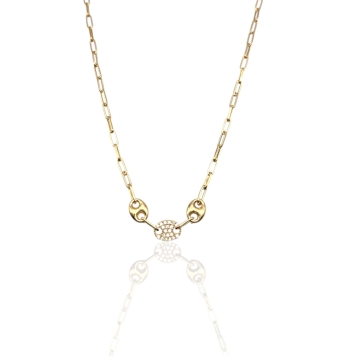 COLLAR MUJER PLATA DE LEY 925 CHAPADO DORADO ESLABÓN RECTANGULAR CON 3 MOTIVOS UNO DE ELLOS CON CIRCONITAS BLANCAS LARGO 40+2 CE
