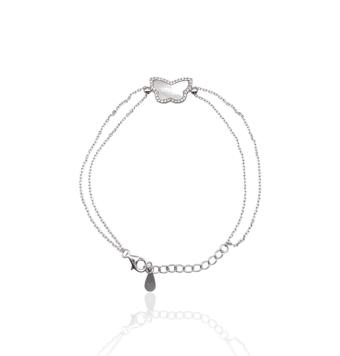 PULSERA MUJER PLATA DE LEY 925 DOBLE CADENA CON MARIPOSA EN CENTRO DE NÁCAR Y CIRCONITAS BLANCAS. LARGO AJUSTABLE 17-20 CENTÍMET