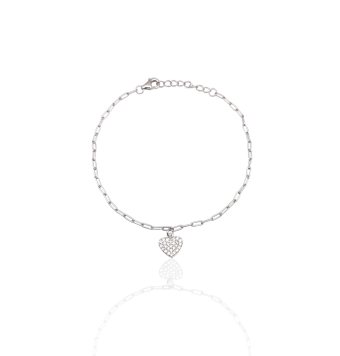 PULSERA MUJER PLATA DE LEY 925 ESLABÓN FORZADA ANCHO 2 MILÍMETROS CON COLGANTE CORAZÓN CON CIRCONITAS BLANCAS 8 MILÍMETROS LARGO