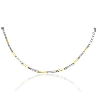 PULSERA MUJER PLATA DE LEY 925 RODIADA ARTICULADA BICOLOR BARRAS CHAPADO DORADO LISO Y CIRCONITAS BLANCAS LARGO AJUSTABLE 16-19