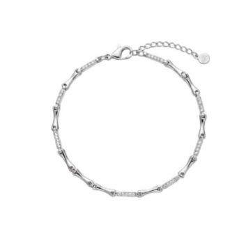PULSERA MUJER PLATA DE LEY 925 RODIADA ARTICULADA ESLABONES FORMA LAZO ALARGADO Y BARRAS CIRCONITAS BLANCAS LARGO AJUSTABLE 16-1