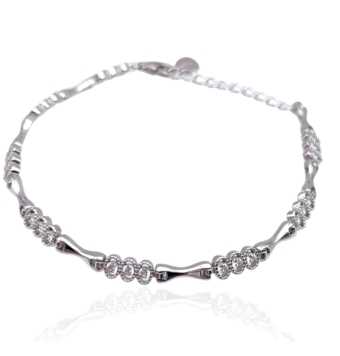 PULSERA MUJER PLATA DE LEY 925 RODIADA ARTICULADA ESLABONES FORMA LAZO ALARGADO Y TRIPLE CÍRCULO CON CIRCONITAS BLANCAS LARGO AJ