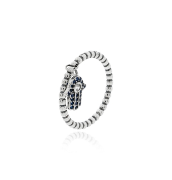 ANILLO PLATA DE LEY 925 BAÑO DE RODIO BRAZO DE BOLITAS CON COLGANTE MANO DE FÁTIMA CON CIRCONITAS AZULES