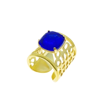 SORTIJA ABIERTA MUJER PLATA DE LEY 925 CHAPADO DORADO ANCHO 20 MILÍMETROS CALADO CRISTAL FACETADO AZUL ELÉCTRICO SWAROVSKI