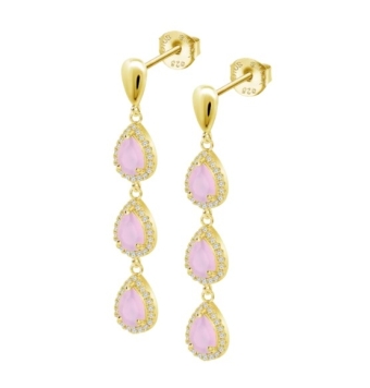 PENDIENTES LARGOS MUJER LOTUS PLATA DE LEY 925 IP DORADO 3 PIEDRAS ROSAS EN FORMA DE GOTAS 8 MILÍMETROS RODEADAS DE CIRCONITAS B