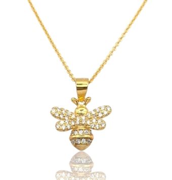 COLLAR MUJER PLATA DE LEY 925 CHAPADO DORADO ESLABÓN FORZADO 42 CENTÍMETROS CON COLGANTE ABEJA CON CIRCONITAS BLANCAS ENGASTADAS