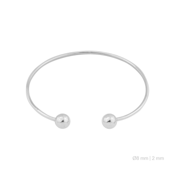 PULSERA RÍGIDA PLATA DE LEY 925 TUBO REDONDO ABIERTA CON DOS BOLAS 8 MILÍMETROS