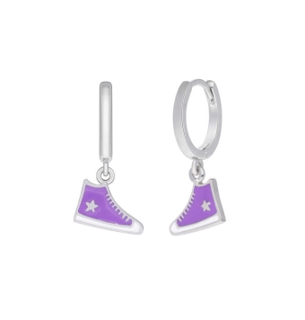 PENDIENTES MAREA NIÑA PLATA DE LEY 925  ARO 9 MILÍMETROS CON COLGANTE ZAPATILLA ESMALTADO COLOR MORADO