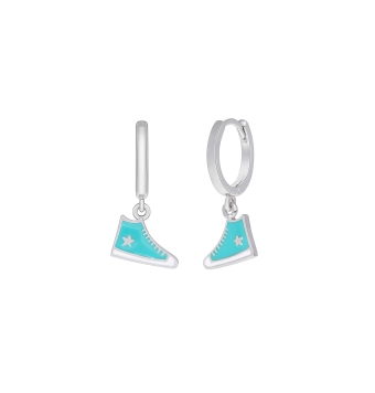 PENDIENTES MAREA NIÑA PLATA DE LEY 925  ARO 9 MILÍMETROS CON COLGANTE ZAPATILLA ESMALTADO COLOR AZUL