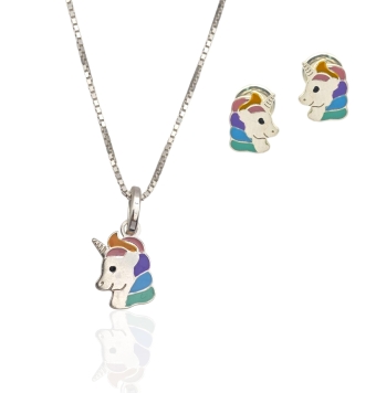 CONJUNTO NIÑA PLATA DE LEY 925 PENDIENTES 6X8 MILÍMETROS Y COLLAR COLGANTE UNICORNIO 9X12 MILÍMETROS ESMALTE MULTICOLOR LARGO 40